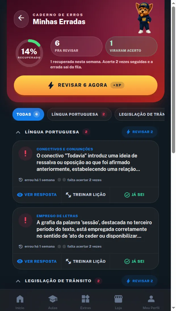 Minhas Erradas: percentual recuperado, erradas por matéria e botão de revisar