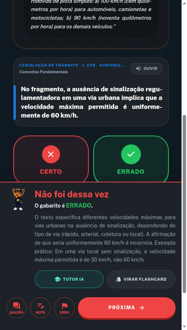 Questão respondida com gabarito, explicação, Tutor IA e botão de virar flashcard